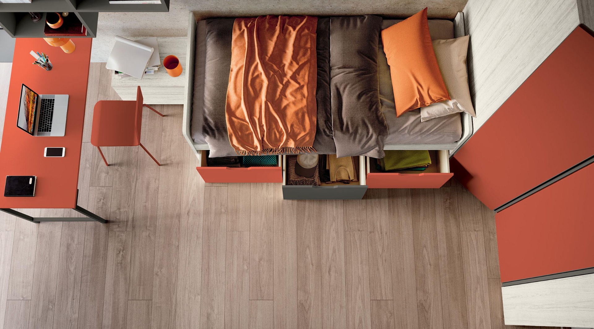 Cameretta con armadio angolare in finitura Bianco altea, Corallo e Grigio cenere