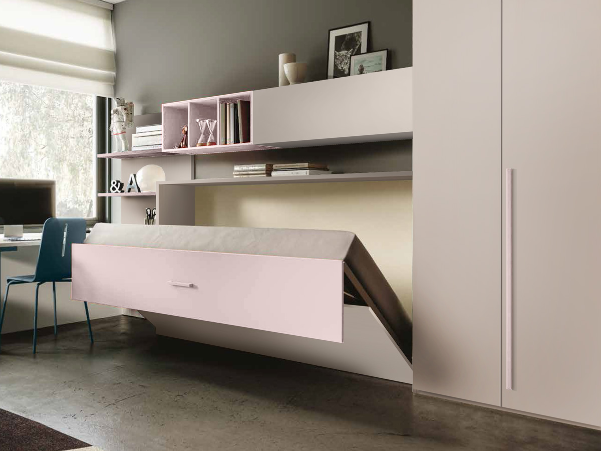 Pratico Letto singolo trasformabile finitura Grigio seta e Rosa confetto, Made in Italy 