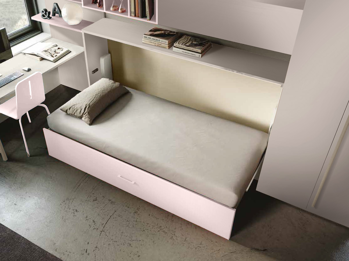 Pratico Letto singolo trasformabile finitura Grigio seta e Rosa confetto, Made in Italy 