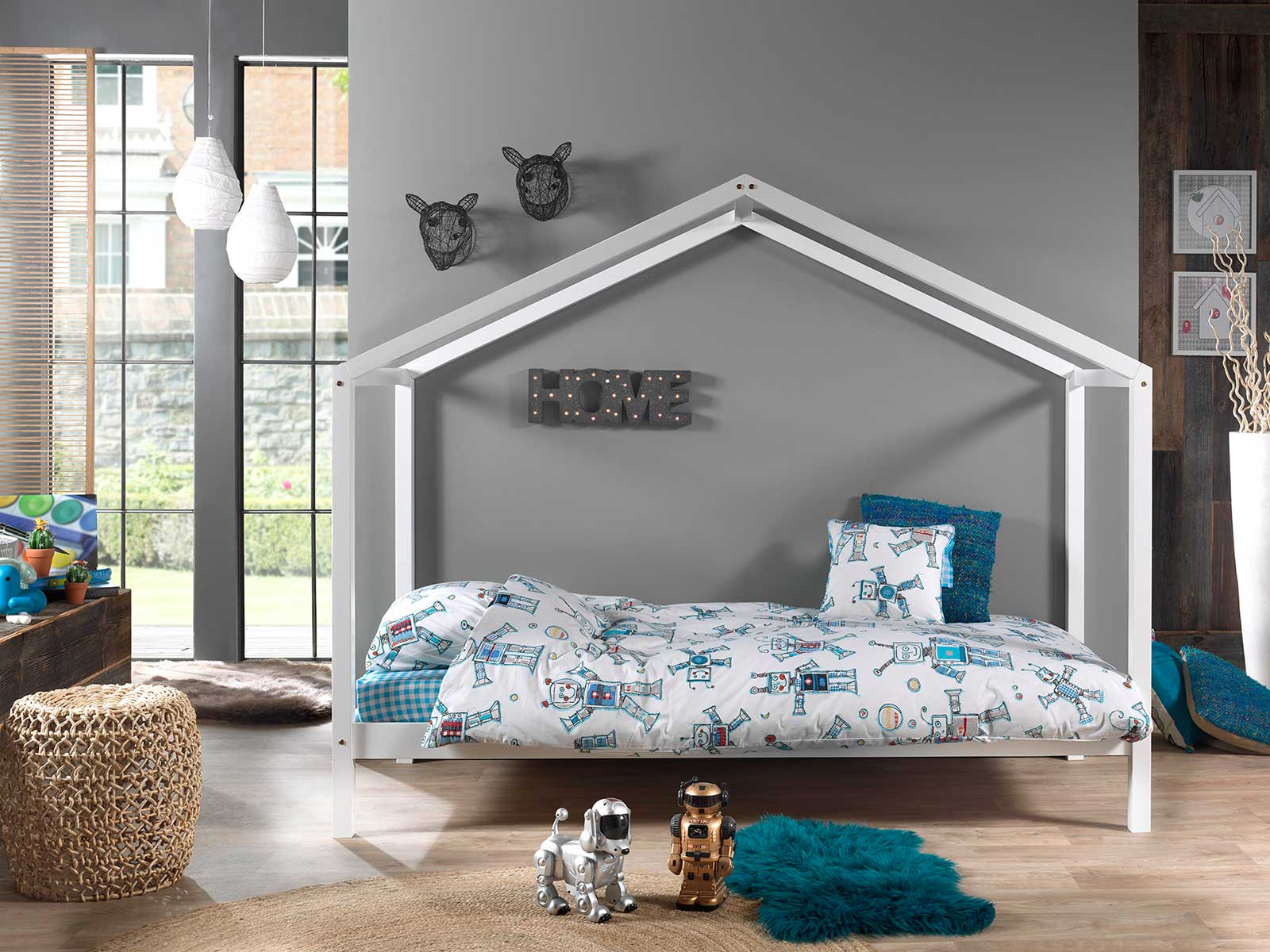 Letto montessoriano bambini design a casetta, Bianco laccato