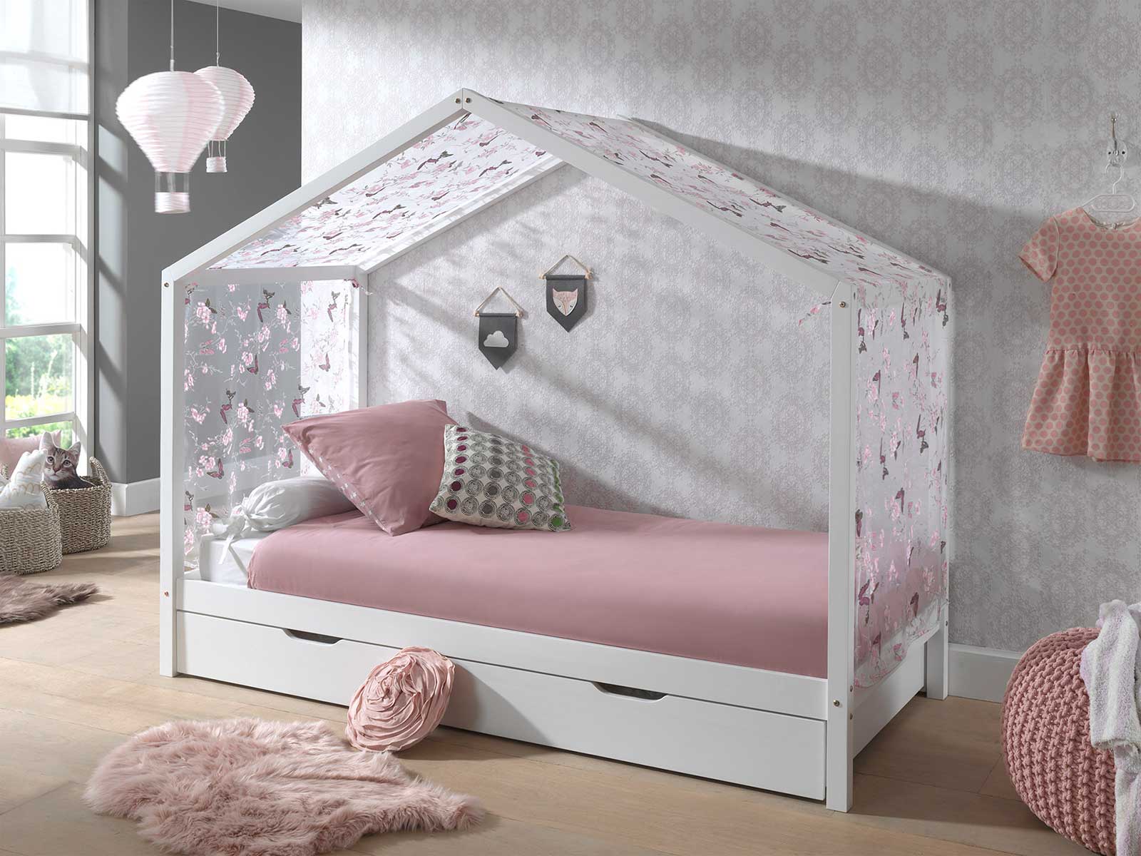 Letto montessoriano bambini design a casetta, Bianco laccato