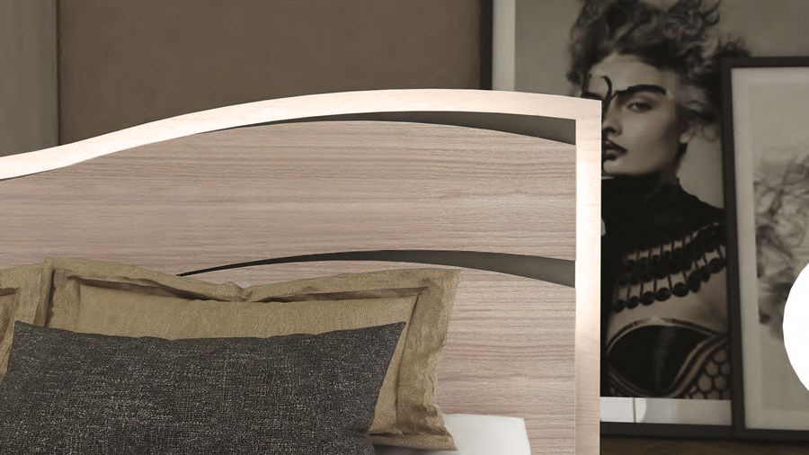 Letto matrimoniale, finitura Olmo Perla e grigio fango