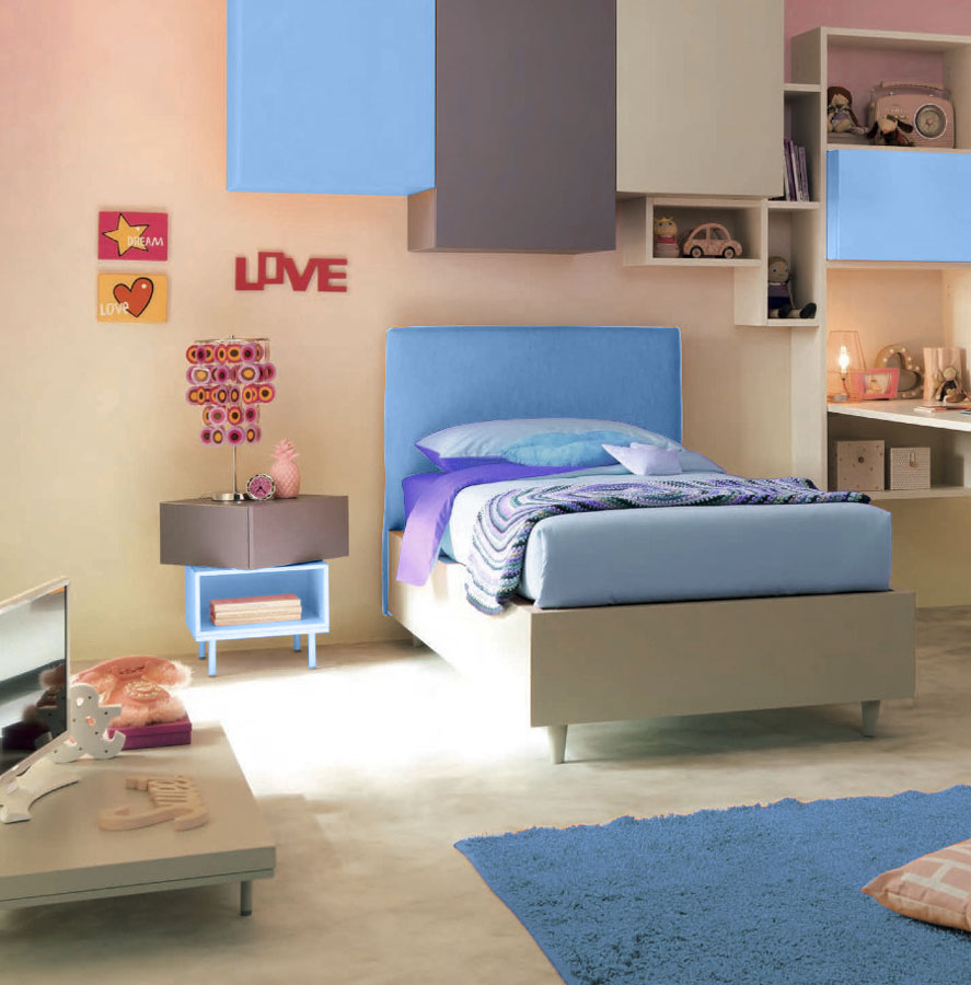 Letto singolo contenitore Zen Moretti Compact, tessuto VL 17 e Crema laccato