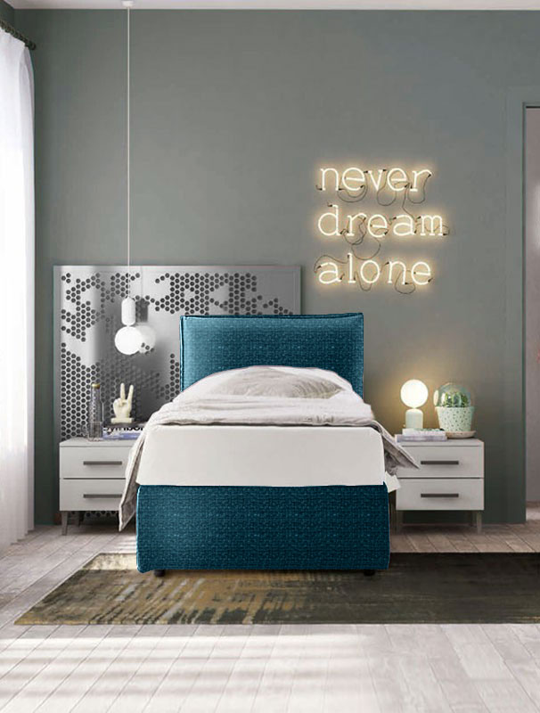 Letto singolo Twin moderno ed imbottito, finitura Opale