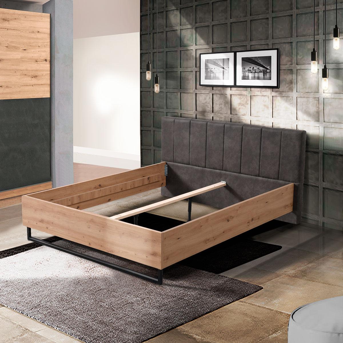 letto moderno legno e ecopelle