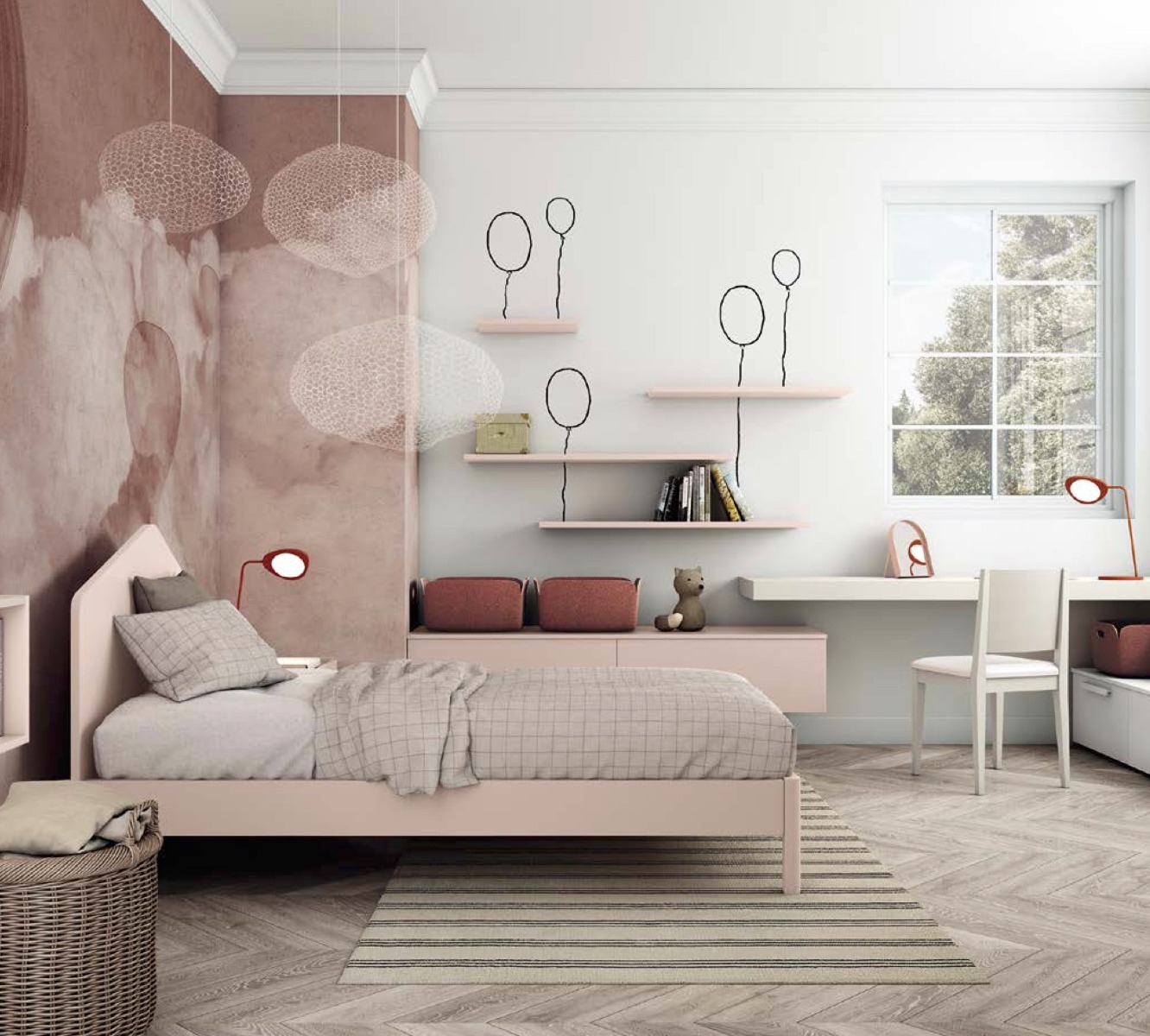 Letto rosa Cipria con testata geometrica per camerette