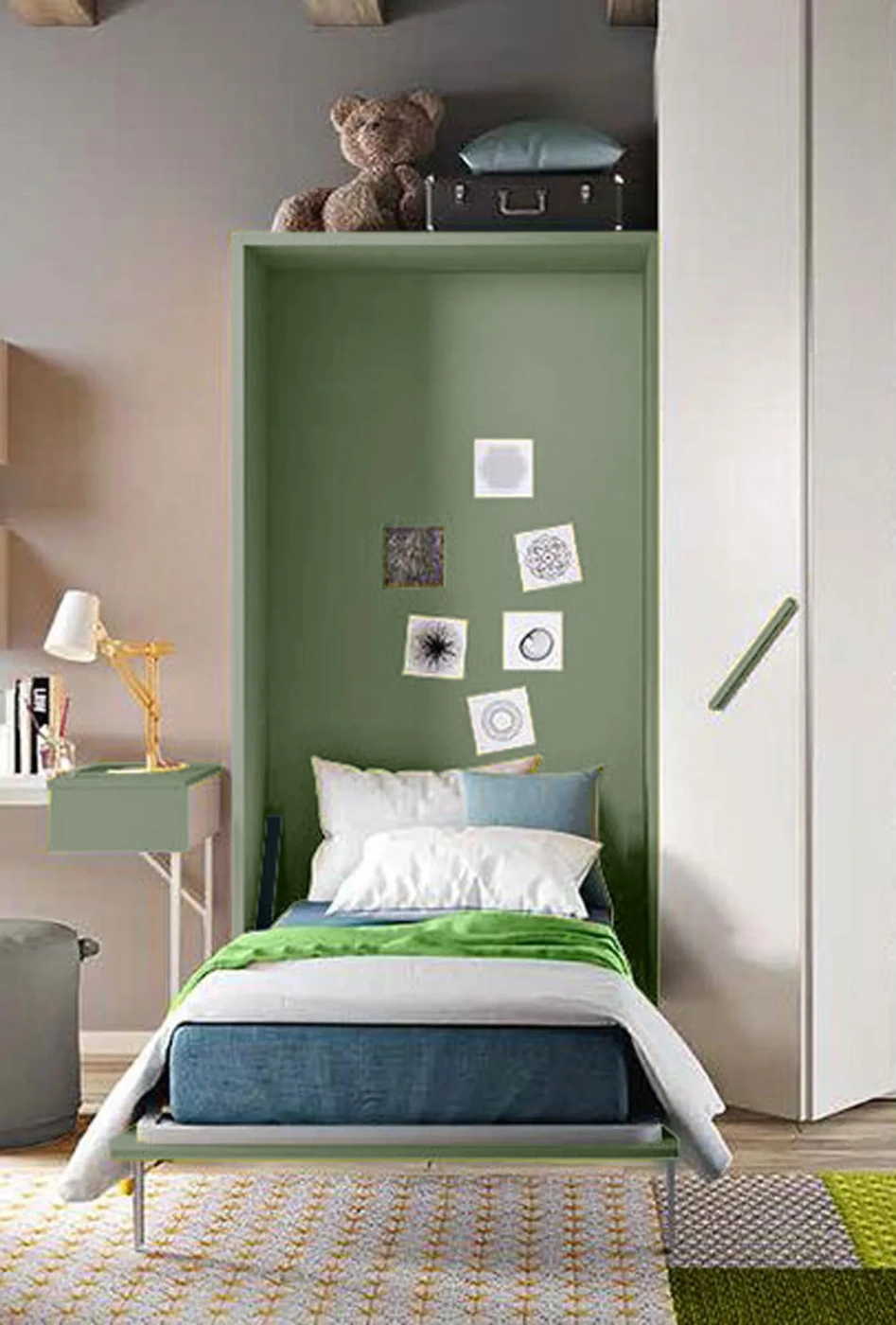 Letto salvaspazio verticale, a scomparsa in finitura Salvia