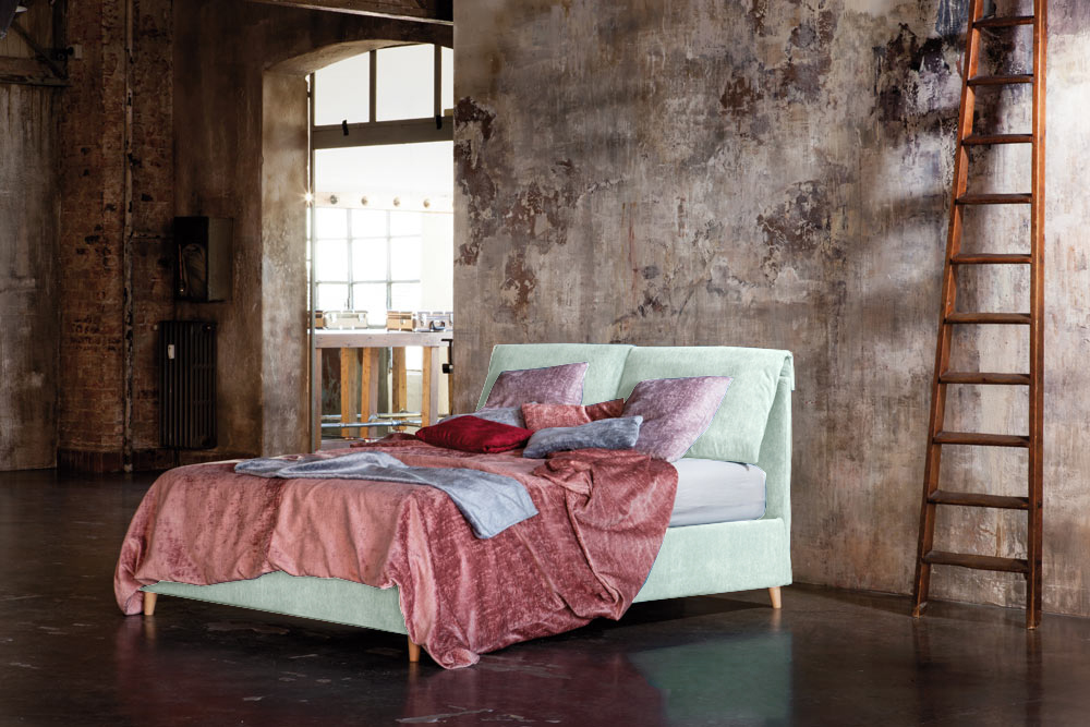 Letto Susanna matrimoniale moderno, disponibile in 70 finiture, completo di rete contenitore