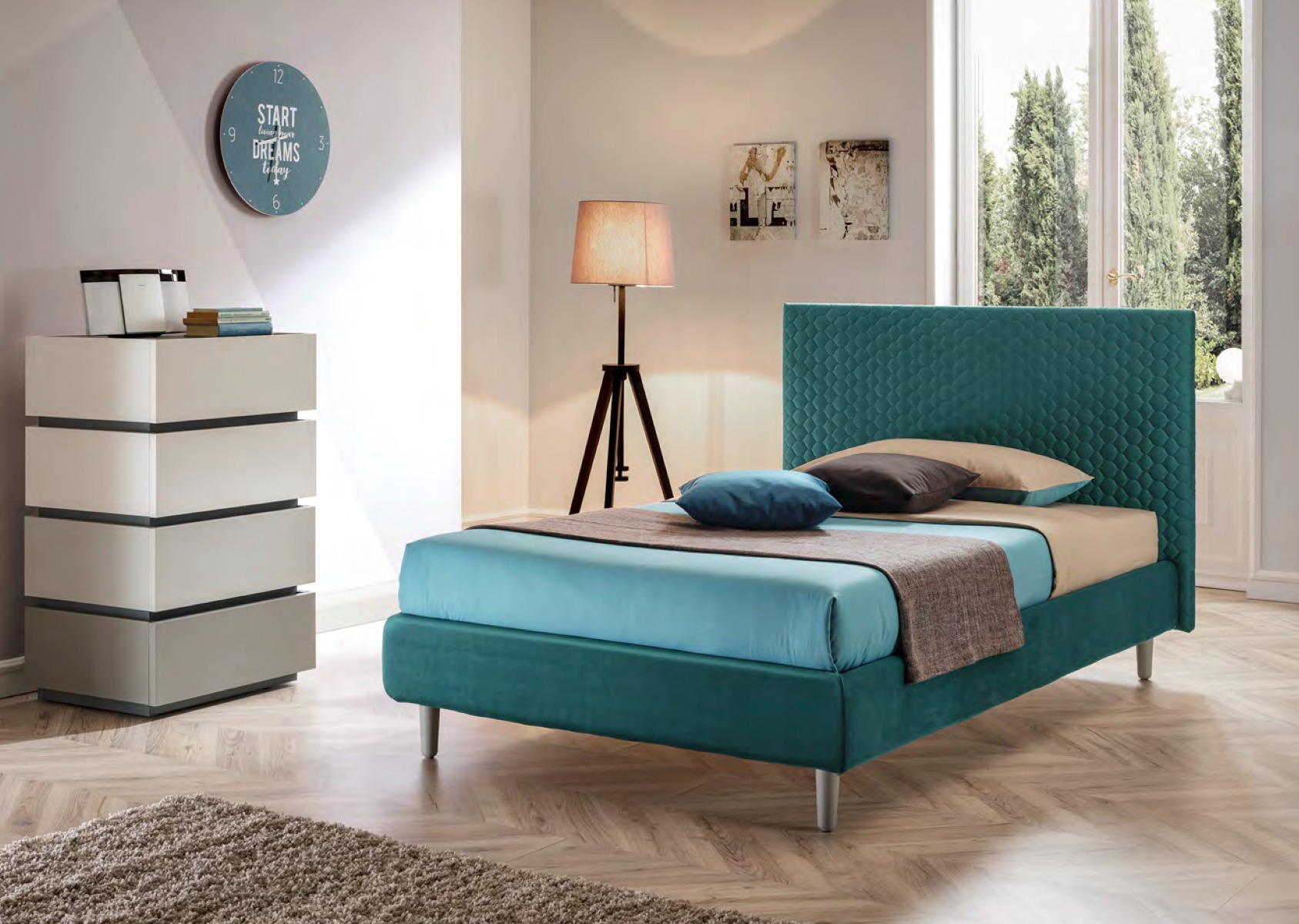 Letto 1 piazza e mezza Zen Moretti Compact in tessuto, finitura Smeraldo
