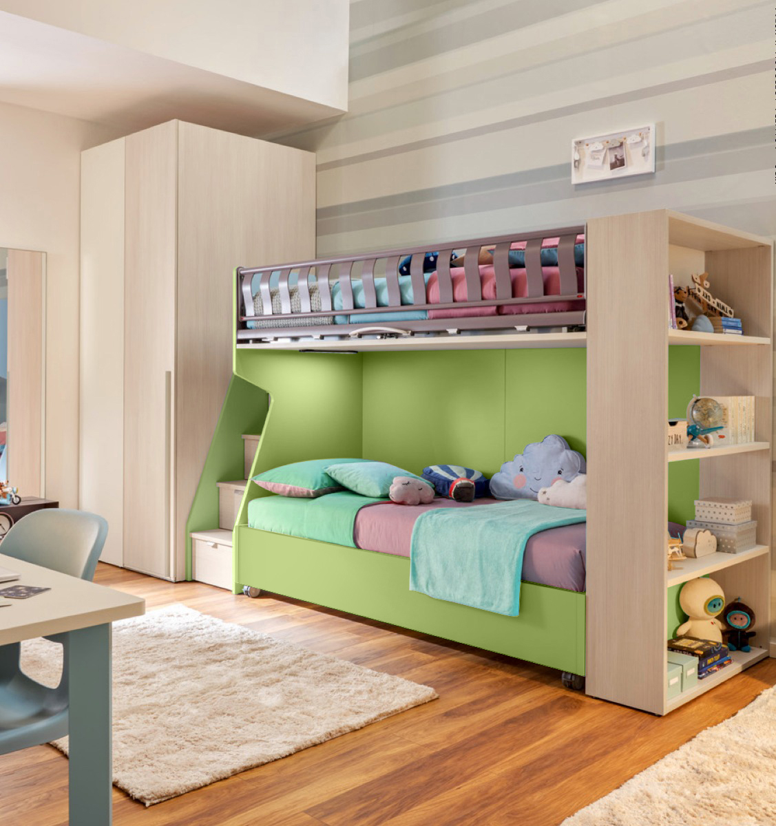 Letto sommier 80x200 con ruote Moretti Compact, finitura Verde cedro