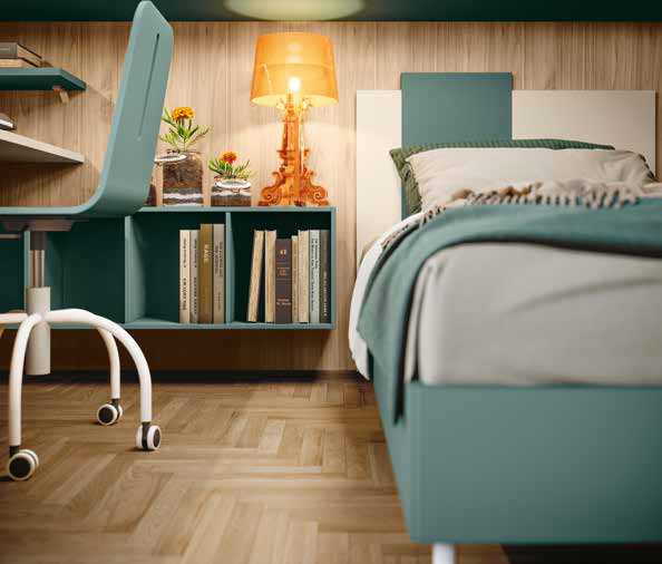 Cameretta con ponte angolare, finitura Noce biondo, Orzo e Verde salvia