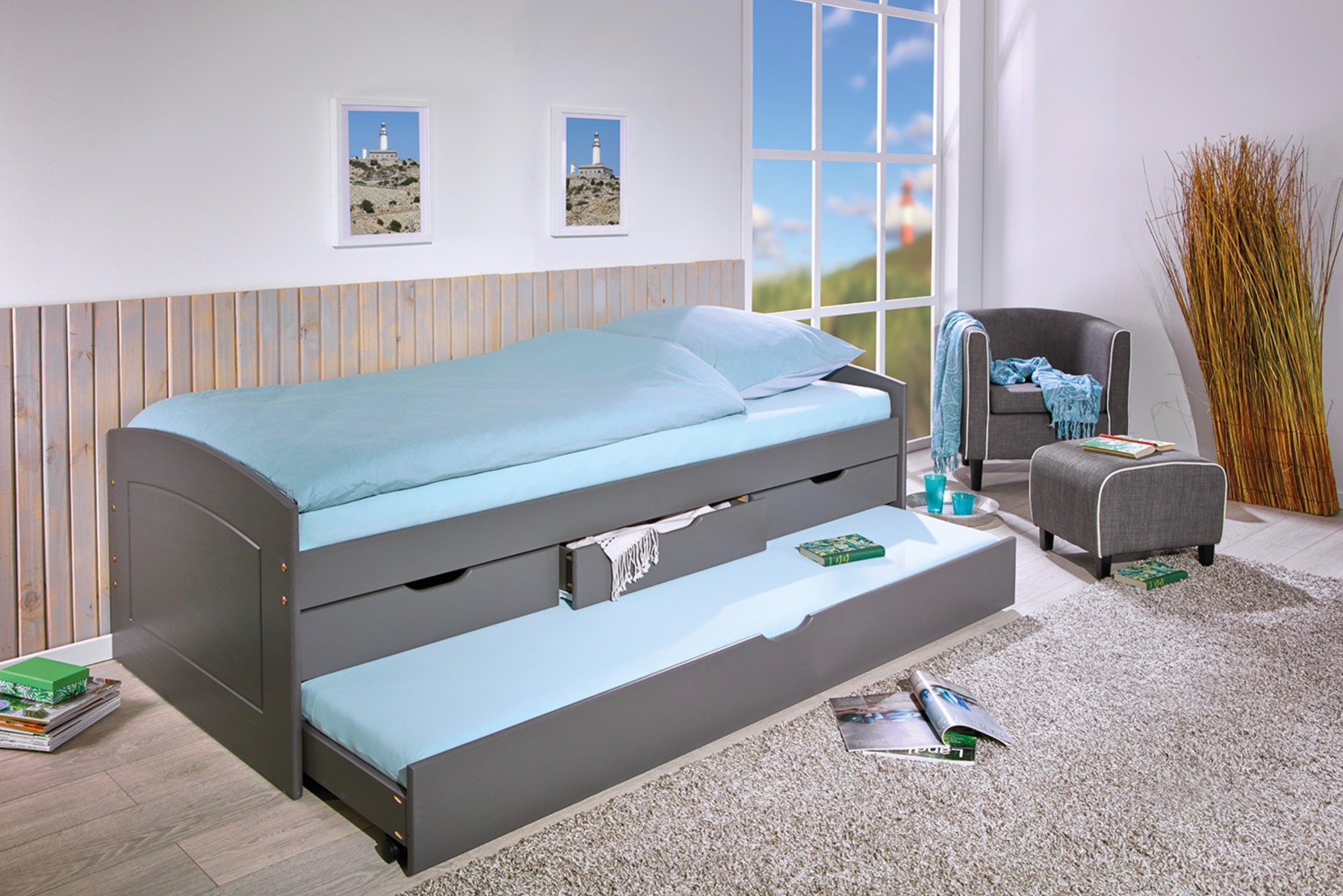 Letto con secondo letto estraibile con ruote e 3 cassetti, colore grigio
