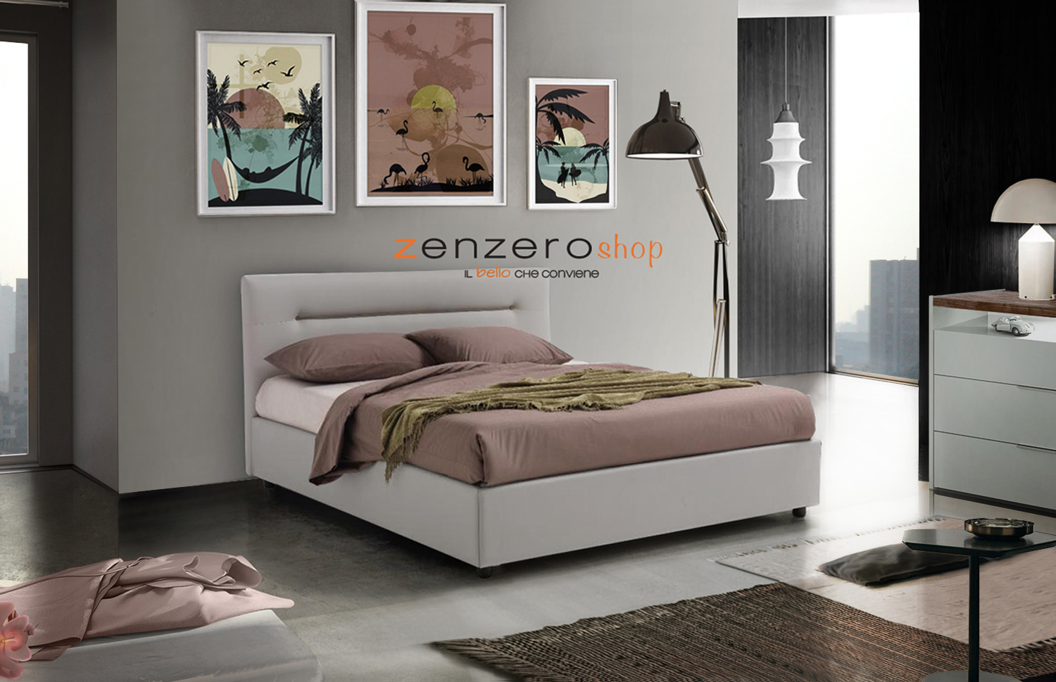 Letto matrimoniale con contenitore, ecopelle color Piuma Bianco