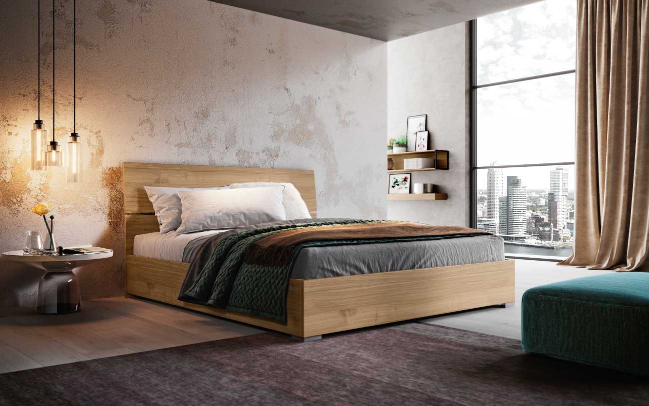 Letto matrimoniale Metiz con contenitore, finitura Noce Biondo