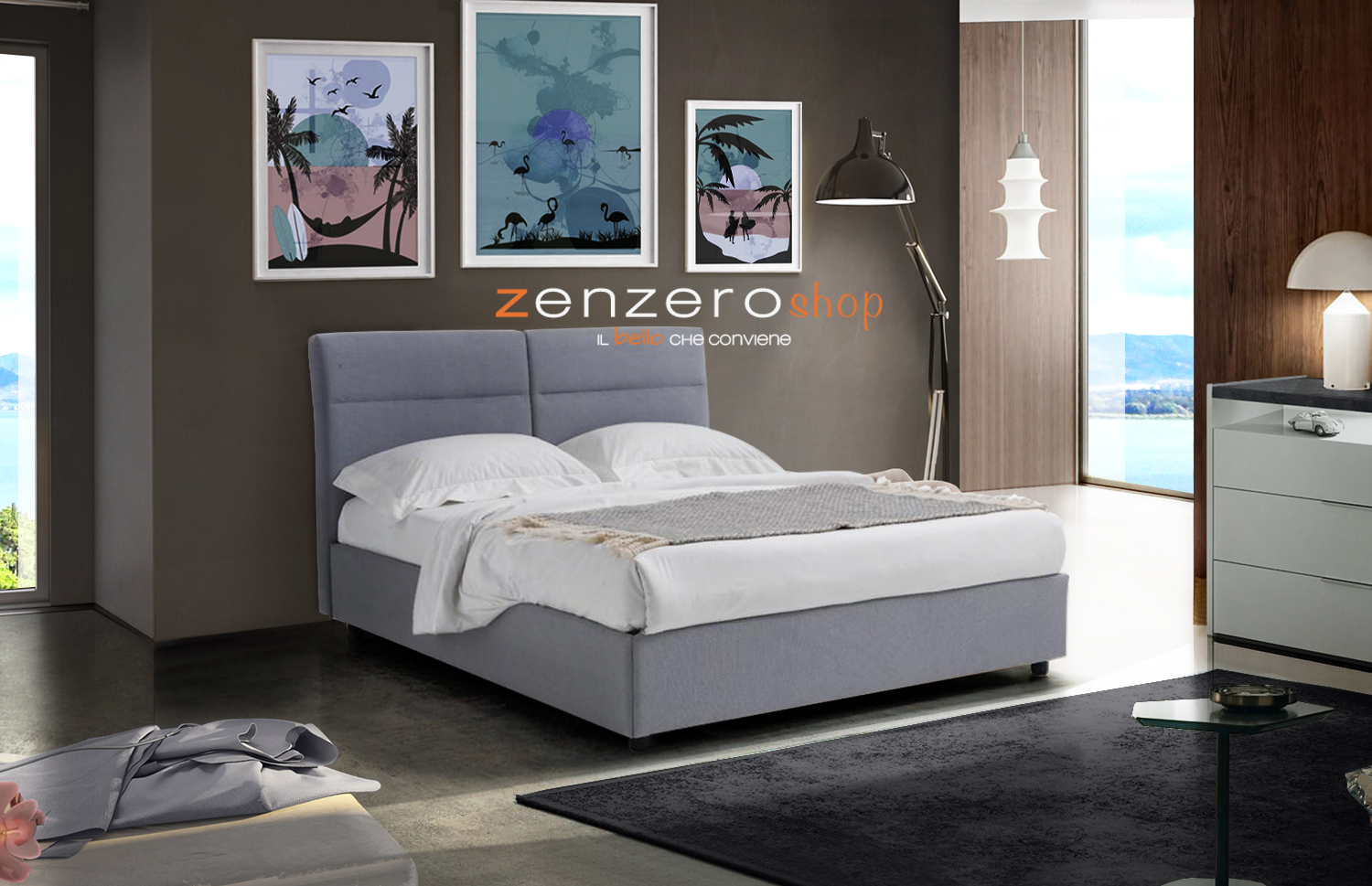 Letto matrimoniale con contenitore, tessuto color Roma Azzurro