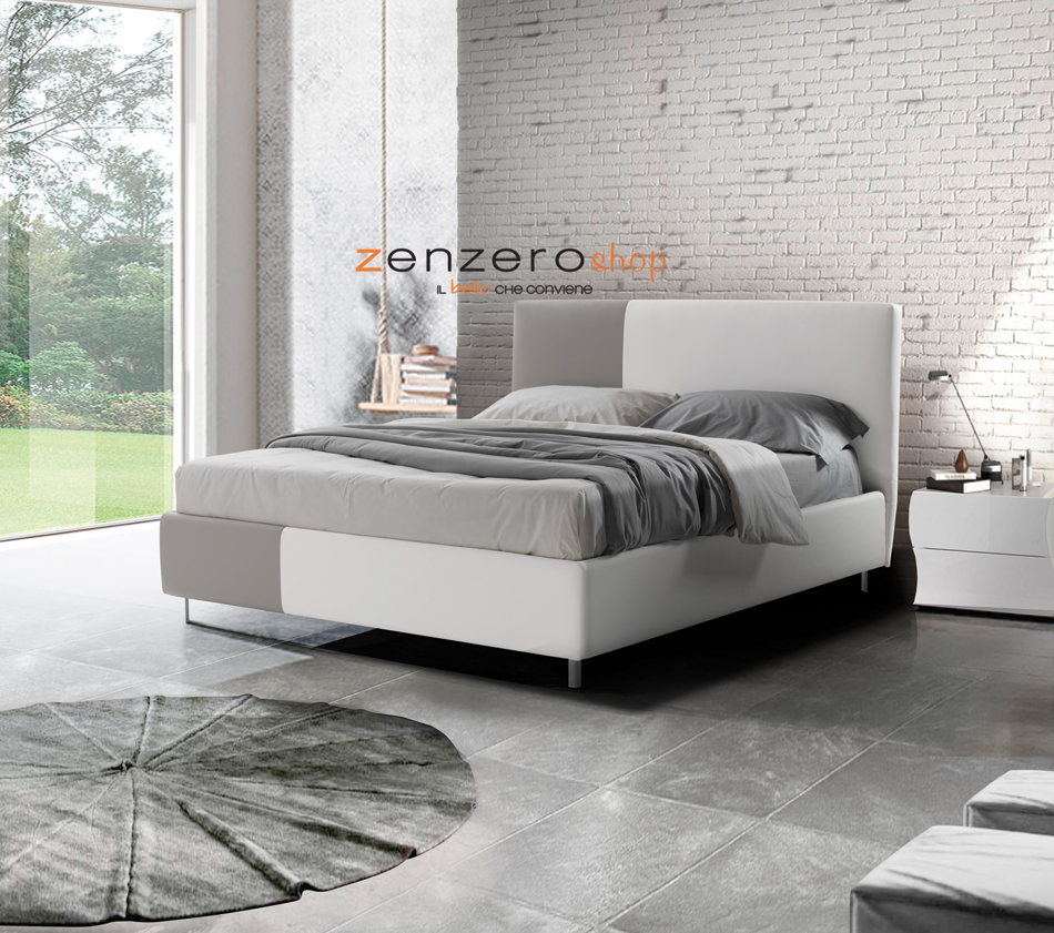 Letto contenitore Albali in ecopelle in finitura bianco e grigio perla