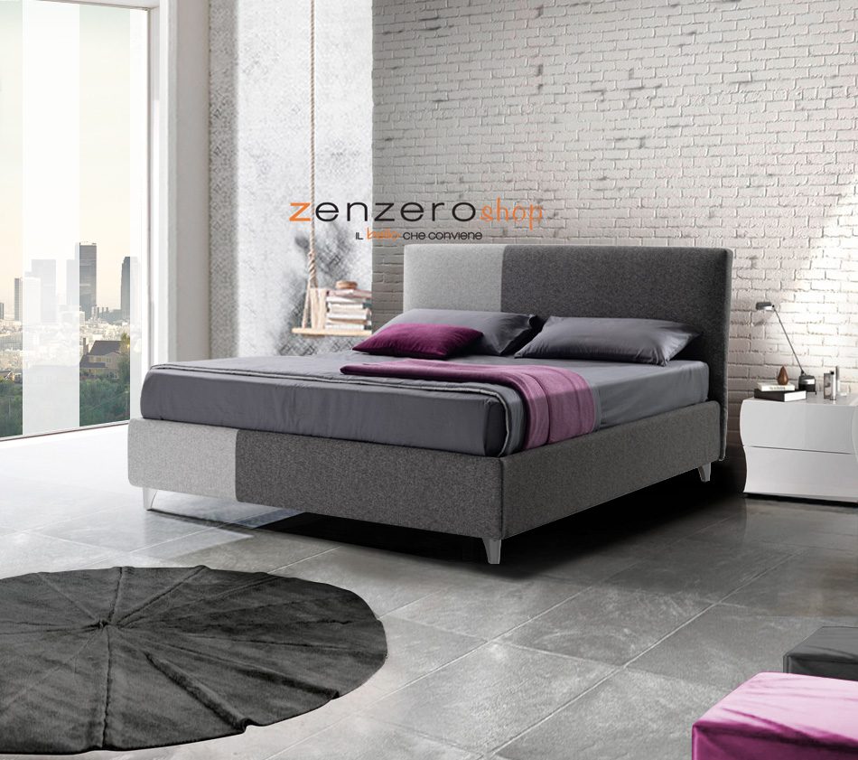 Letto contenitore Sirrah in tessuto in finitura grigio seta ed antracite