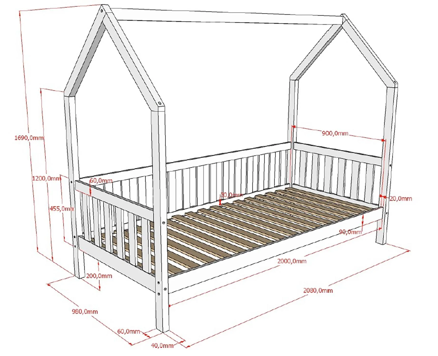 Letto singolo montessoriano a casetta, 208x169x98 h cm, in legno masello