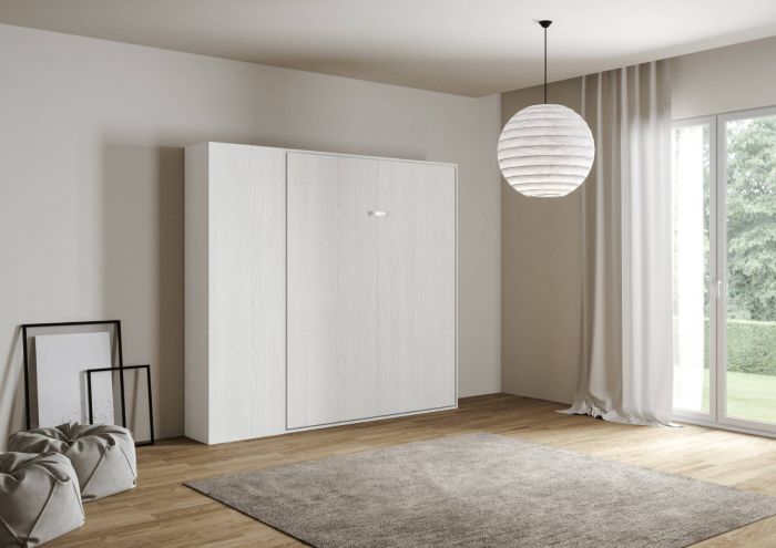 Letti 140 Silde a scomparsa con colonna, colore bianco frassino