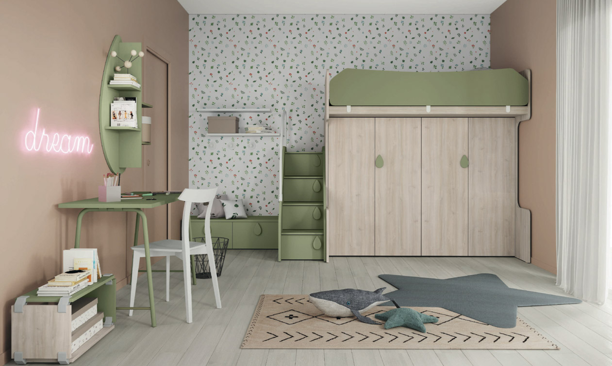 Letto a castello singolo con armadio, Noce brina e Miele