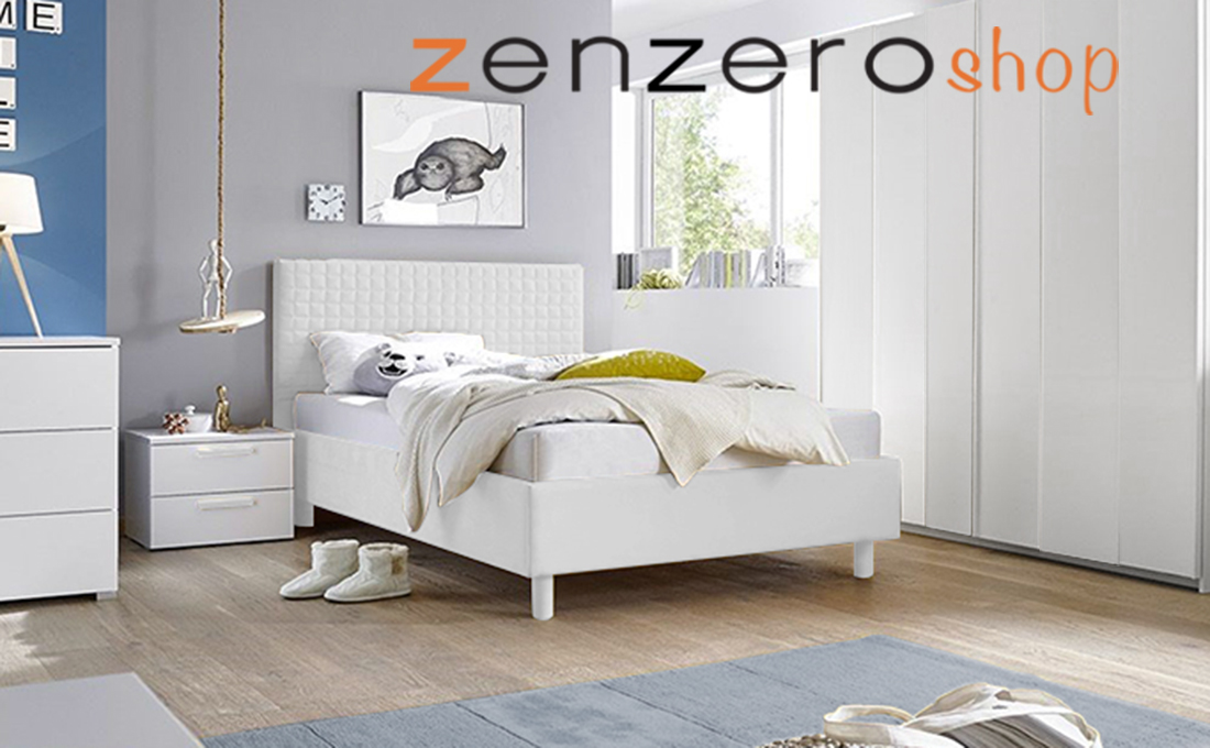 Cameretta moderna con letto in ecopelle bianco e armadio vertigo bianco H.230