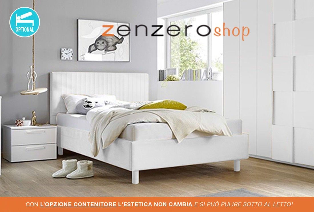 Letto matrimoniale Vertigo in ecopelle bianco , testata a righe