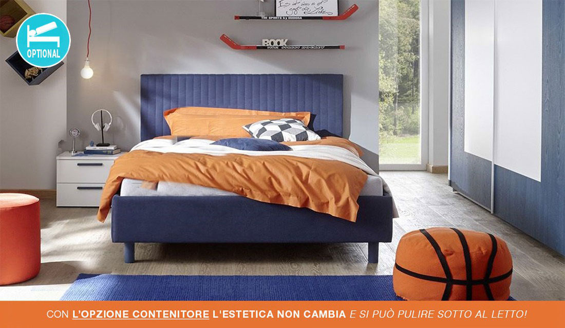 Letto matrimoniale Vertigo in tessuto blu imbottito, testiera a righe