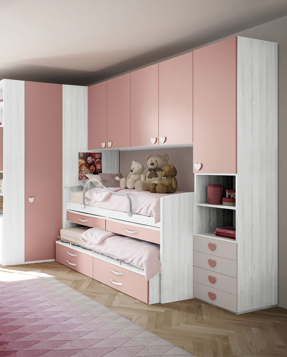 Letto con scrivania e secondo letto ad estrazione con cassettoni, Rosa e Frassino nuvola