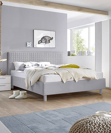 Letto a cassettone matrimoniale Square in tessuto grigio imbottito, testiera riquadrata
