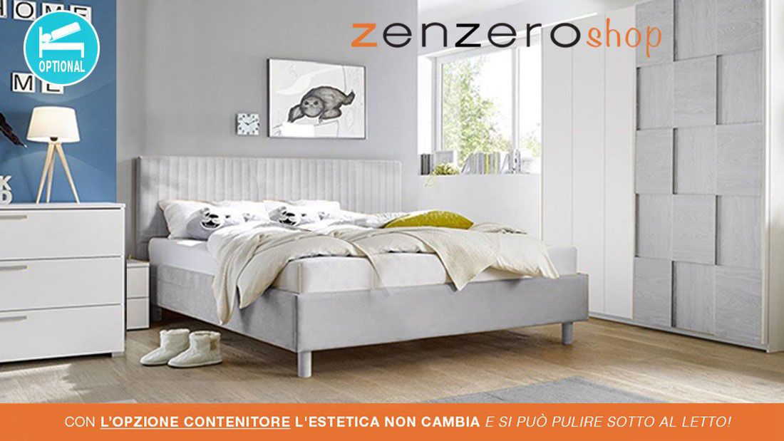 Camera matrimoniale con letto in tessuto grigio, comodini bianchi opachi e  armadio con fascia beton H.248