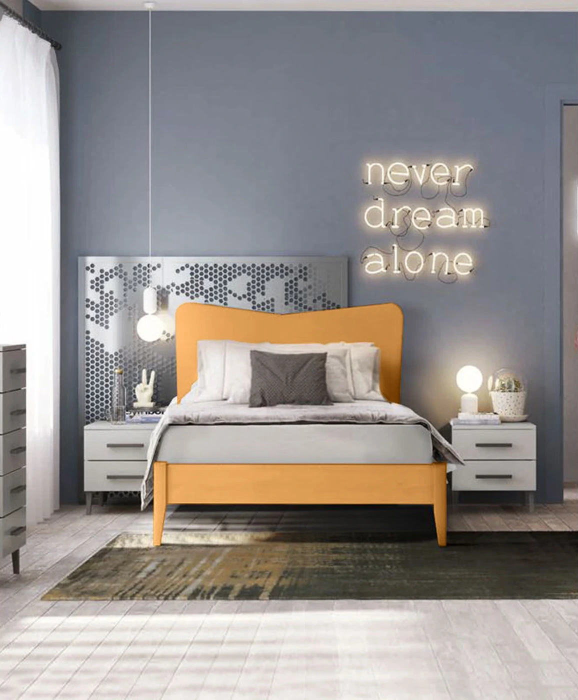 Letto singolo Winner con testata in legno, finitura Miele