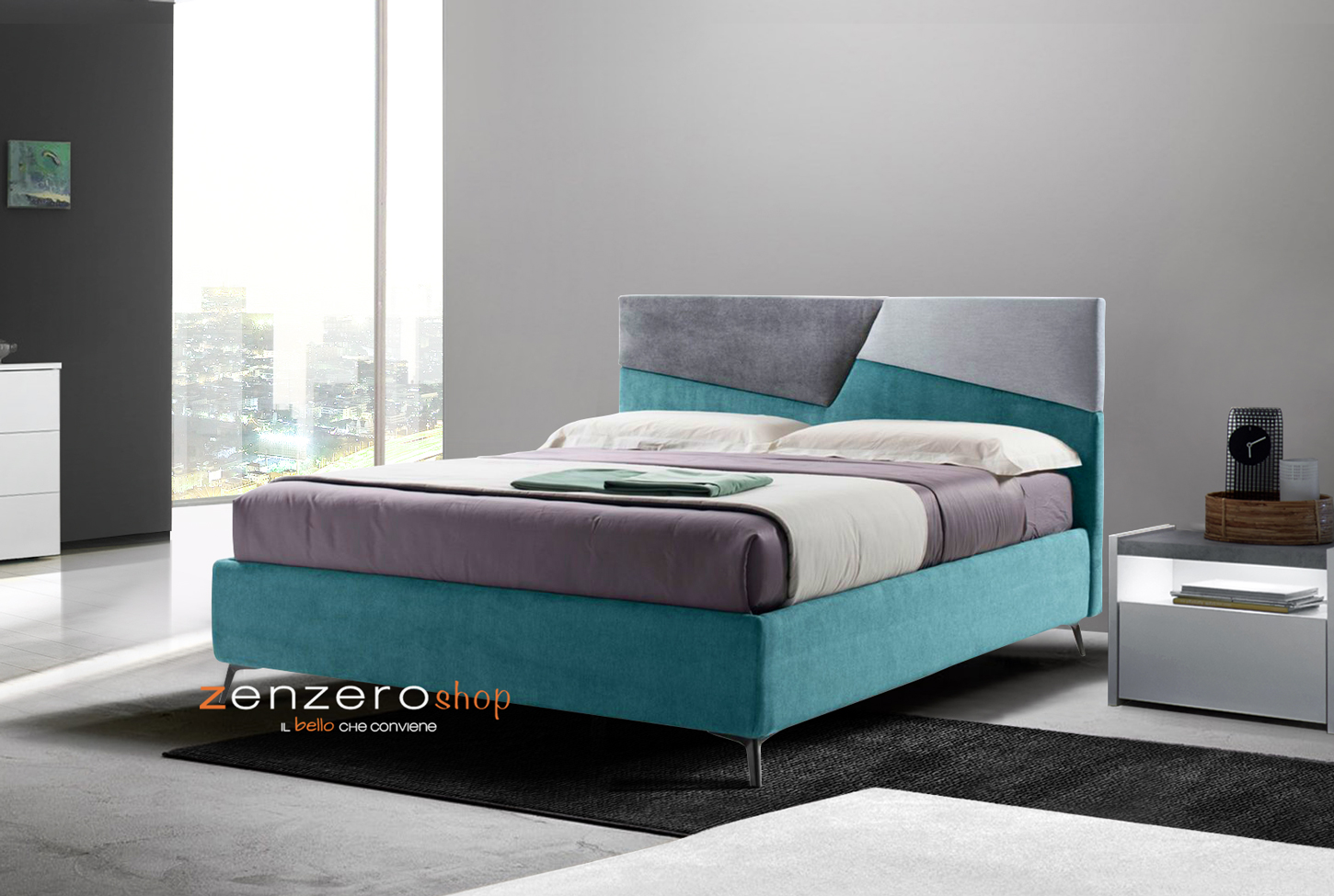 Letto contenitore Fenice in finitura grigio seta, grigio perla e verde oceano