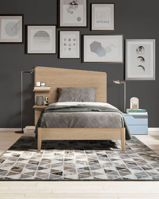 Letto singolo Edge Plus con testata in legno, finitura Royal Oak