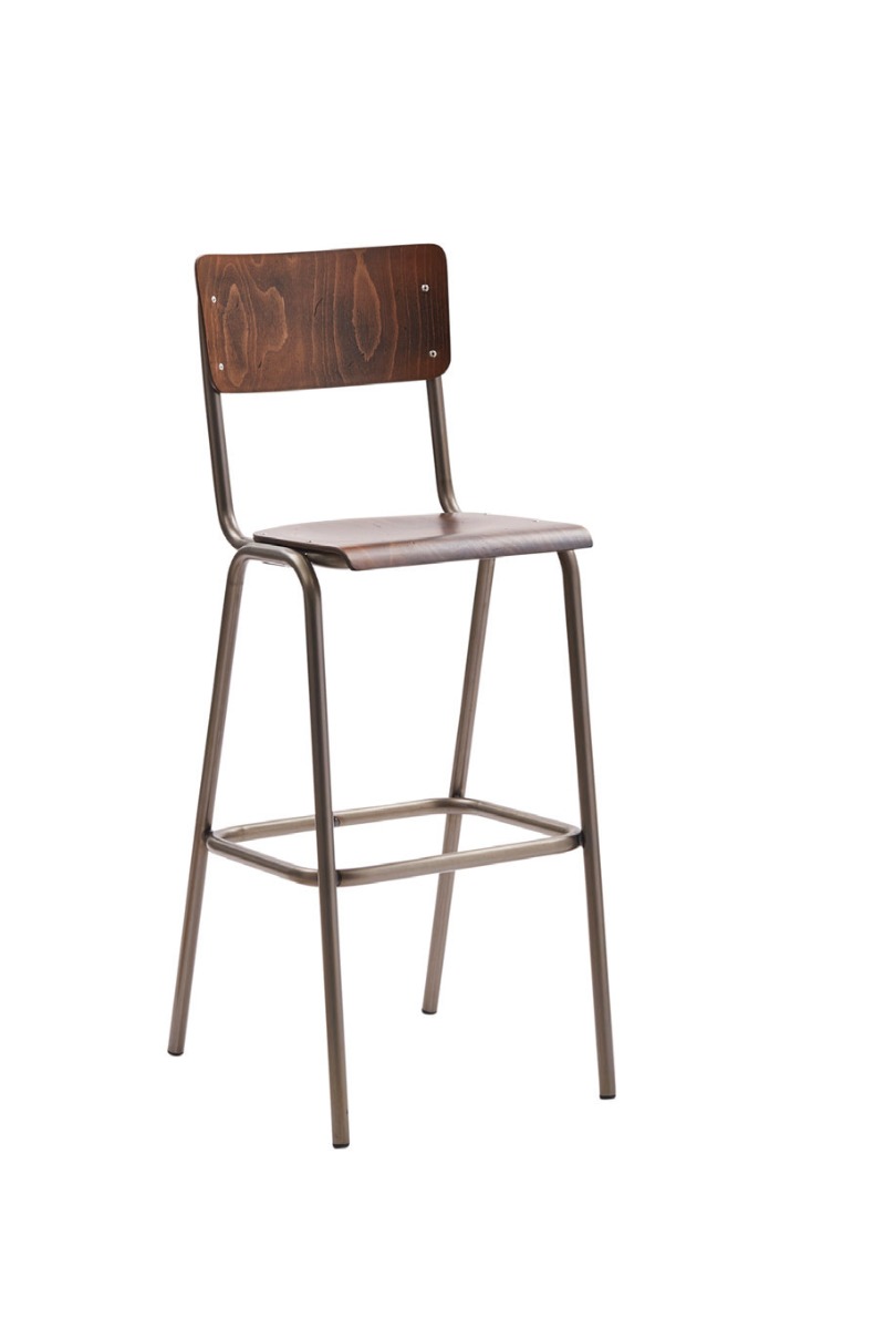 Sgabello stile industry, con seduta e schienale tinta noce