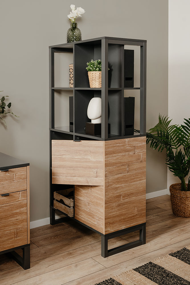 Libreria di design in stile nordico in finitura antracite e bamboo