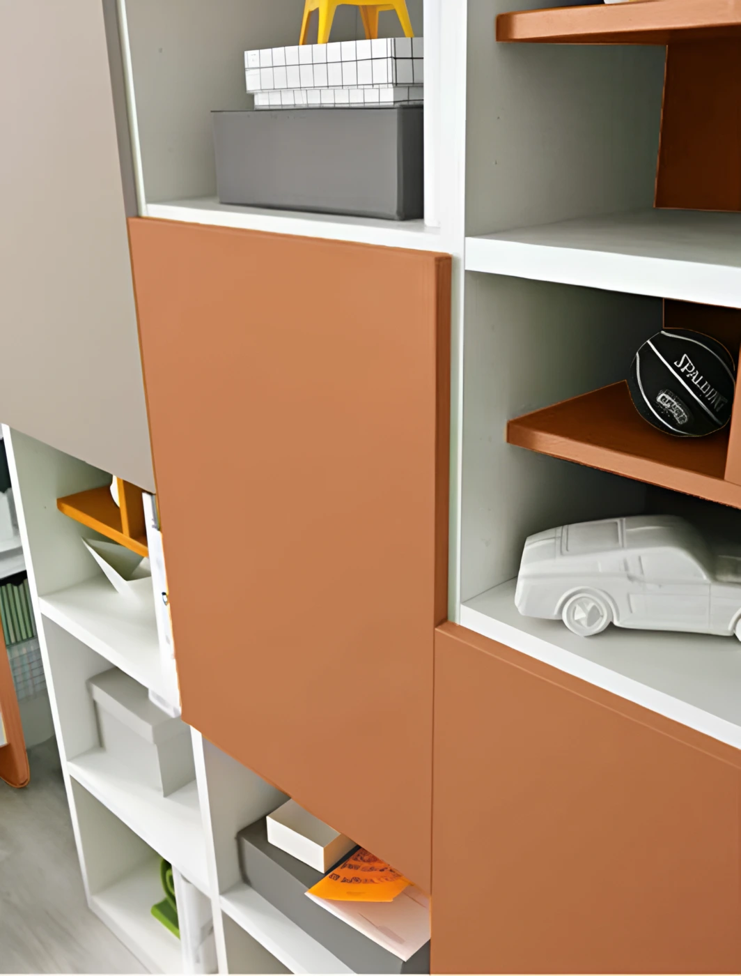 Libreria camerette con 3 ante, Bianco frassino, Tortora e Terracotta