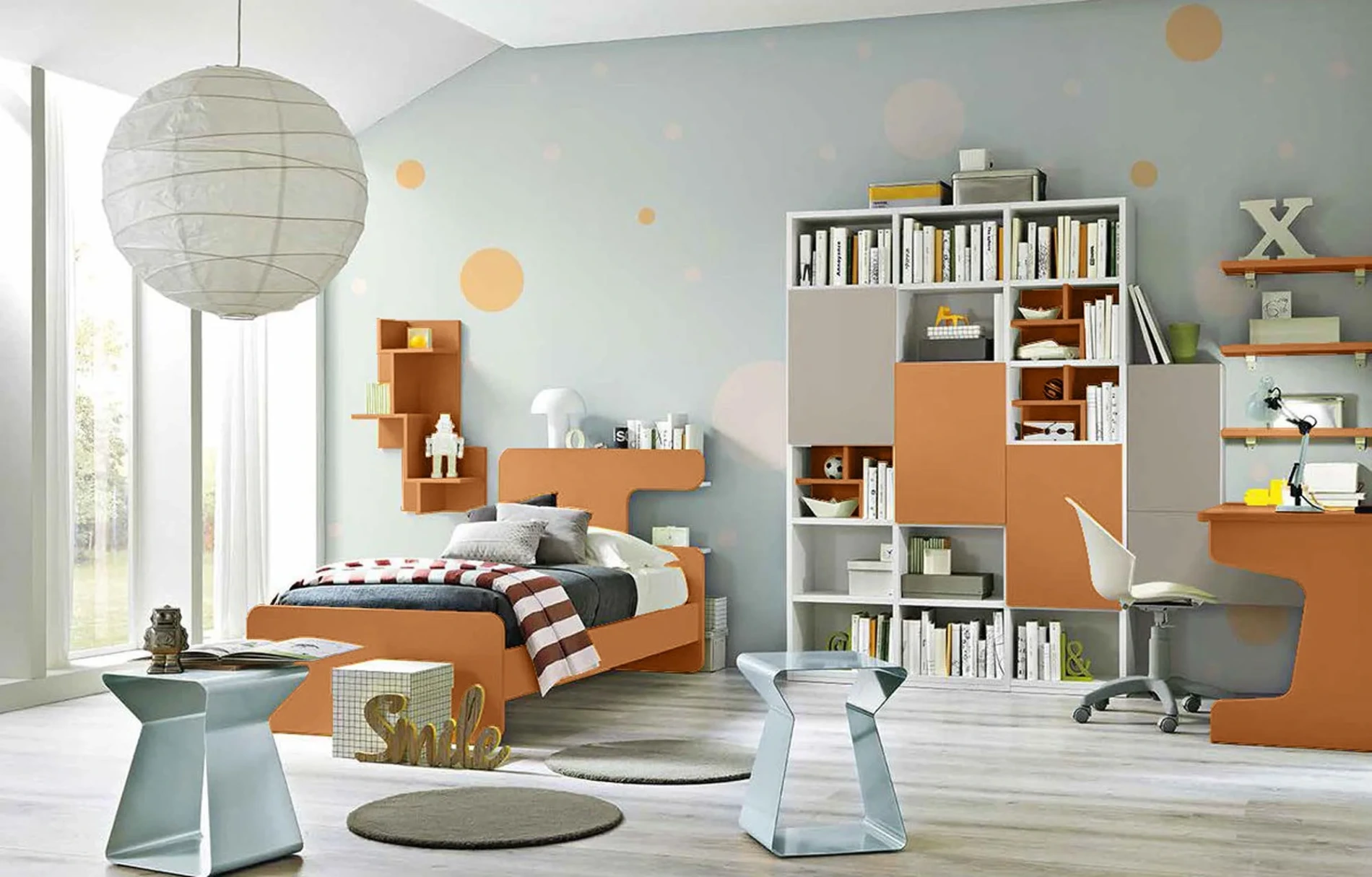 Libreria camerette con 3 ante, Bianco frassino, Tortora e Terracotta