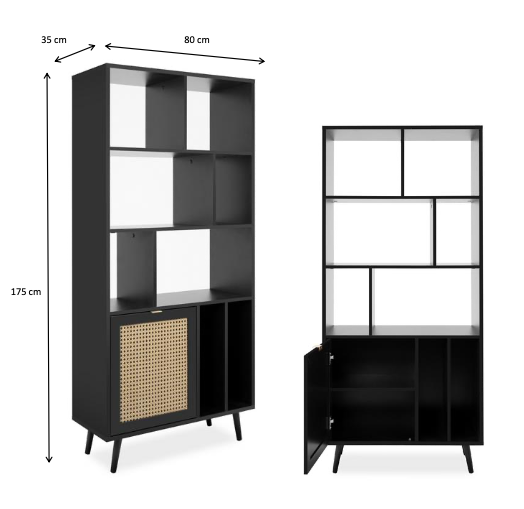 Libreria Arendal con un'anta e vani a giorno, finitura Nero con dettagli Oro