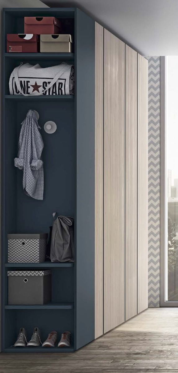 Armadio battente Blu opale e Ciliegio bianco con libreria terminale