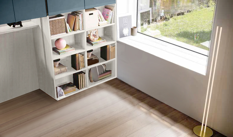 Armadio a ponte con libreria, finitura Petrolio, Bianco e Bianco altea