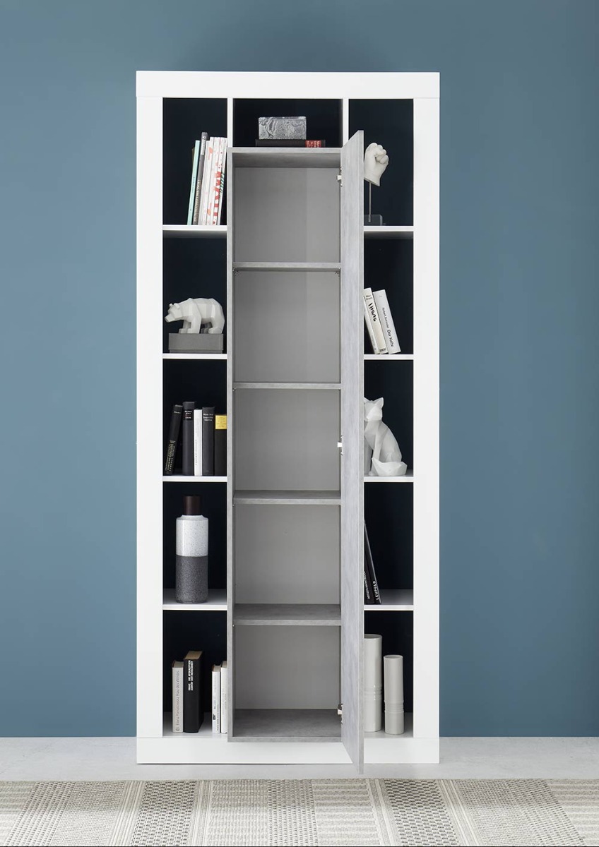 Colonna a 1 anta moderna, Bianco lucido e Cemento, Made in Italy