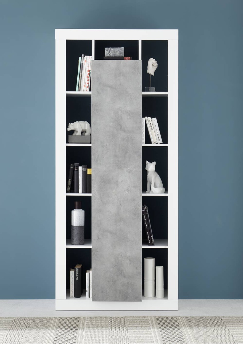 Soggiorno Bianco Lucido e cemento composto da consolle allungabile, specchio, madia 3 ante e libreria 