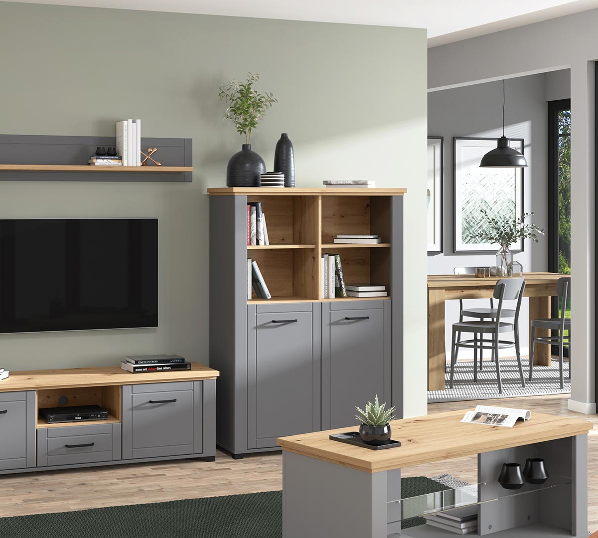 Vetrina contemporanea a 2 ante, finitura Rovere e Carbone