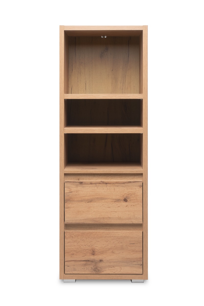 Moderna Libreria salvaspazio con 2 cassetti, finitura Rovere