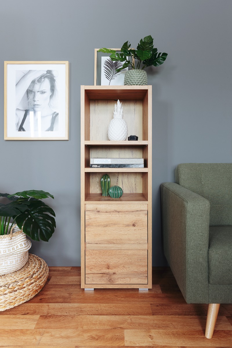 Moderna Libreria salvaspazio con 2 cassetti, finitura Rovere