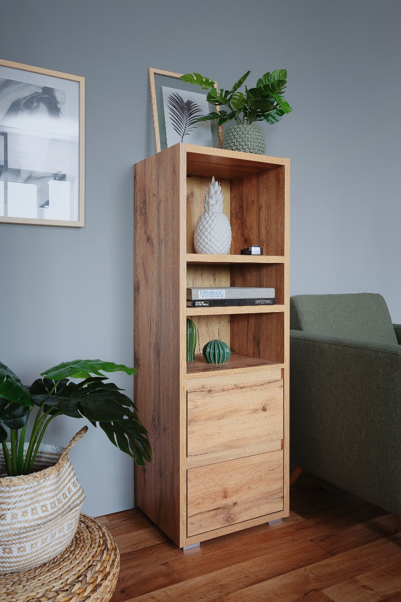 Moderna Libreria salvaspazio con 2 cassetti, finitura Rovere