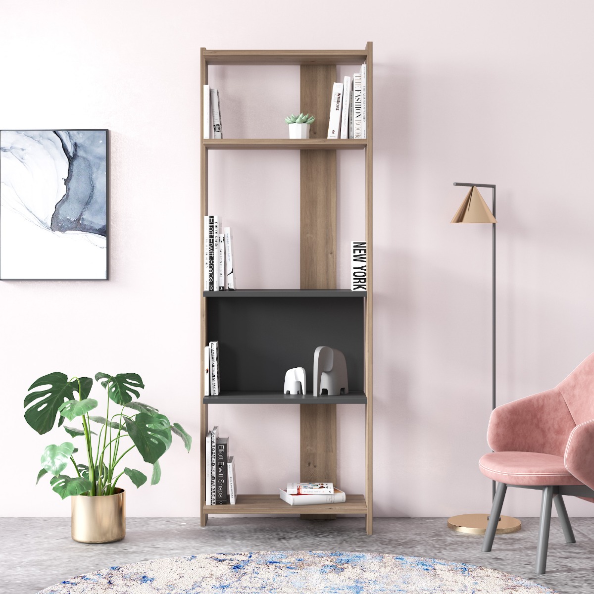 Libreria Ankara 5 ripiani in finitura Rovere e Antracite