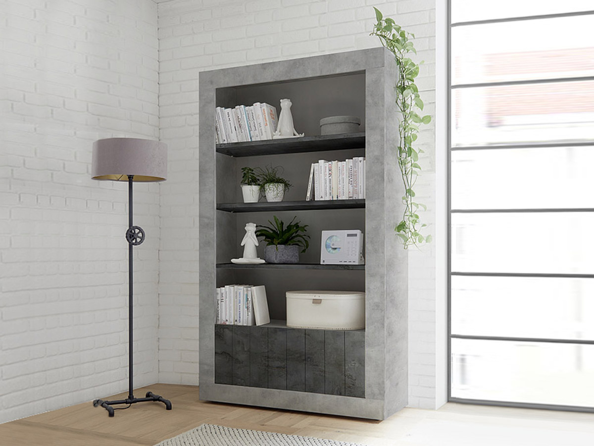 Libreria moderna con 3 ripiani e 2 ante, finitura cemento e ossido