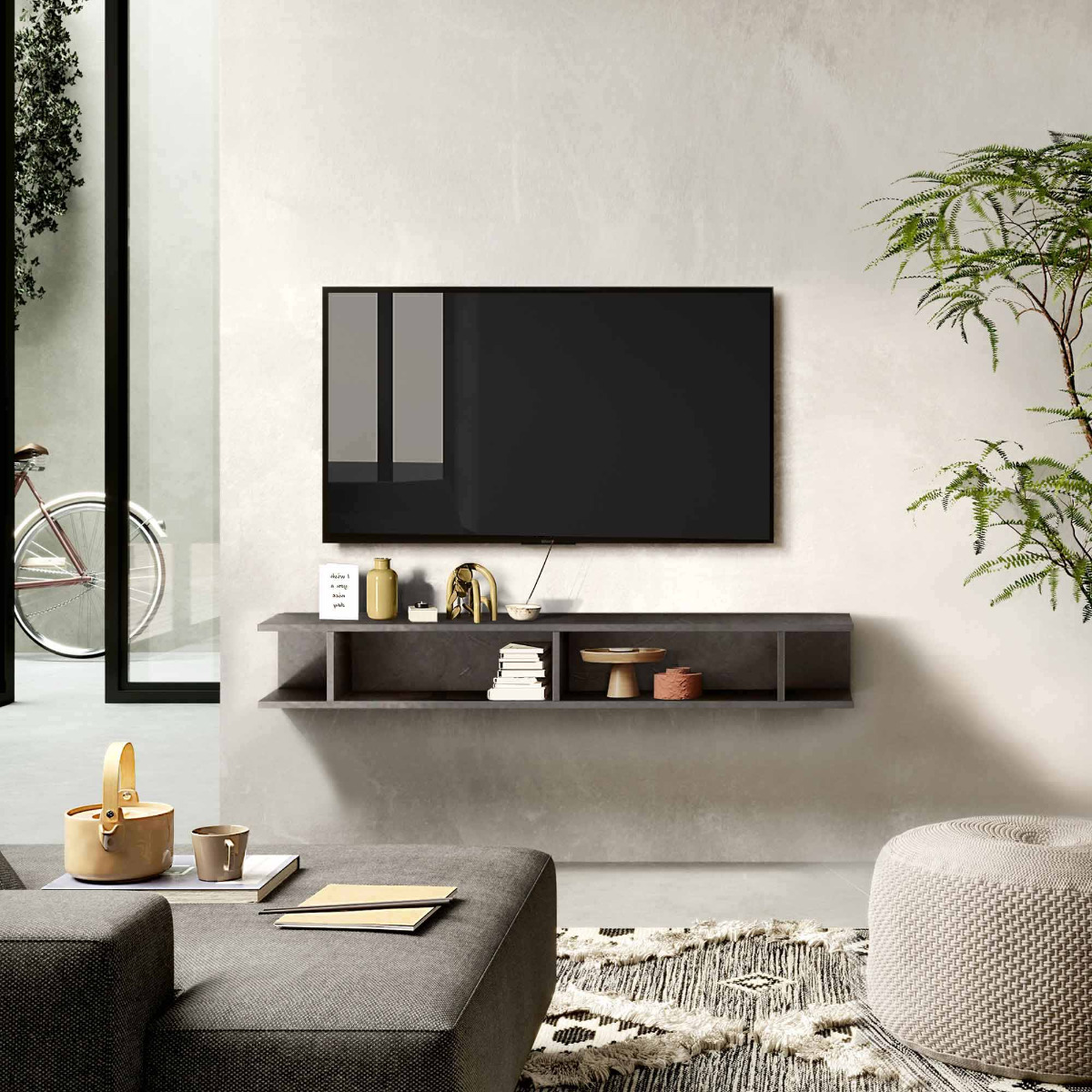 porta tv, libreria sospesa finitura piombo