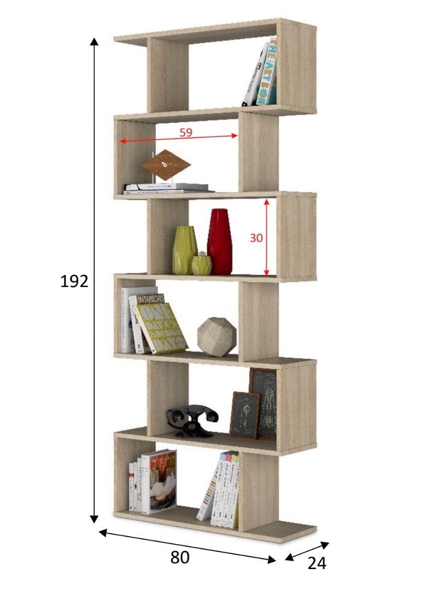 Libreria moderna con 6 ripiani, finitura rovere canadian